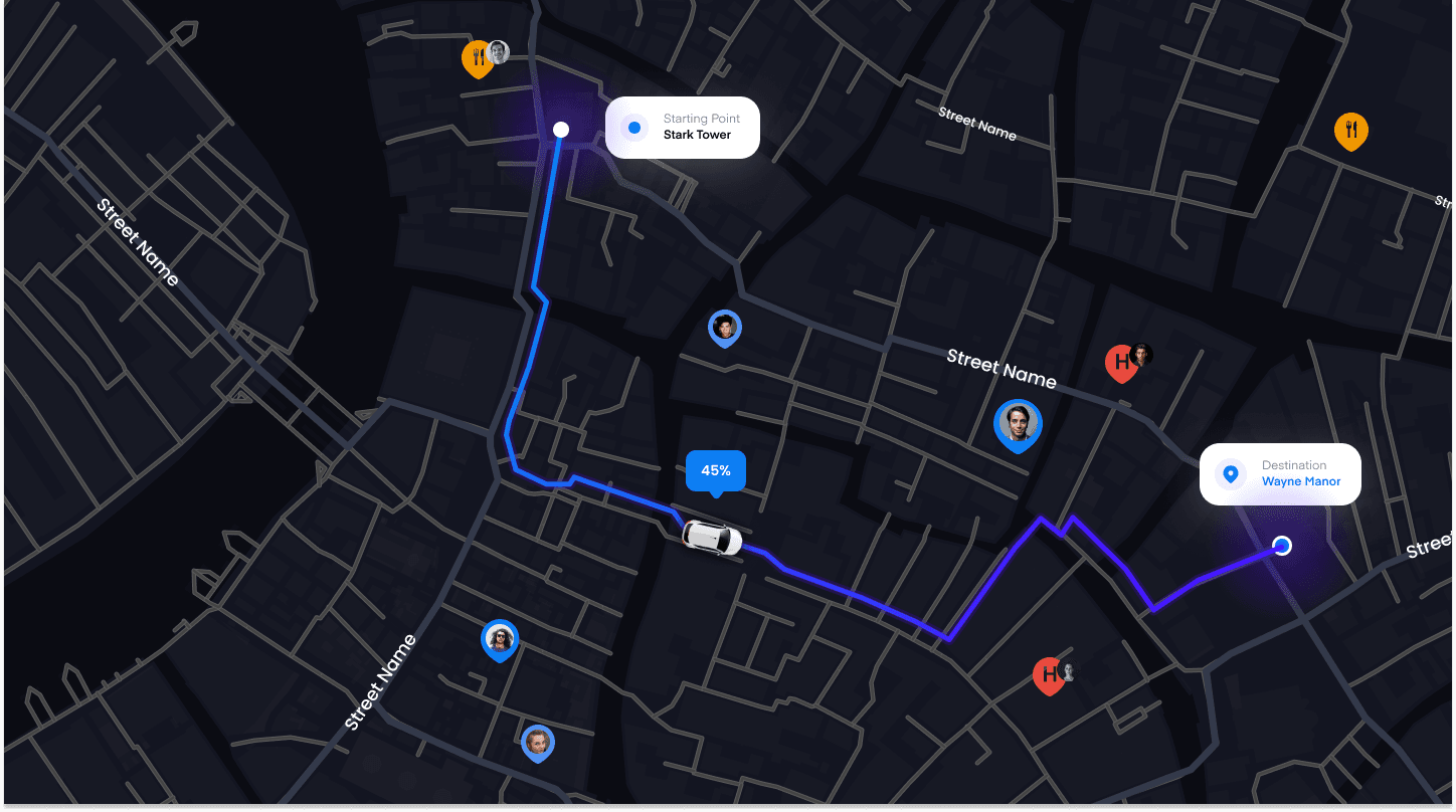 An Everest delivery route moving across a city map