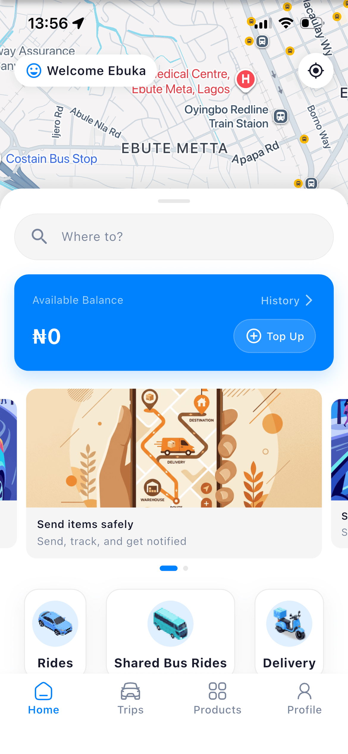 Everest passenger app home screen with map, wallet balance, and ride and delivery options