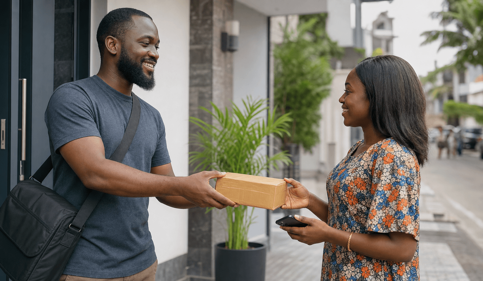 A courier handing a package to a customer outside a home